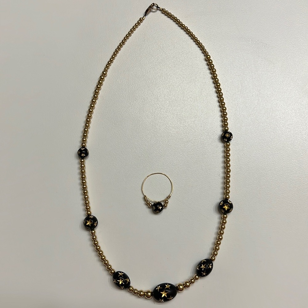 Handmade Gold beaded black star necklace and ring set